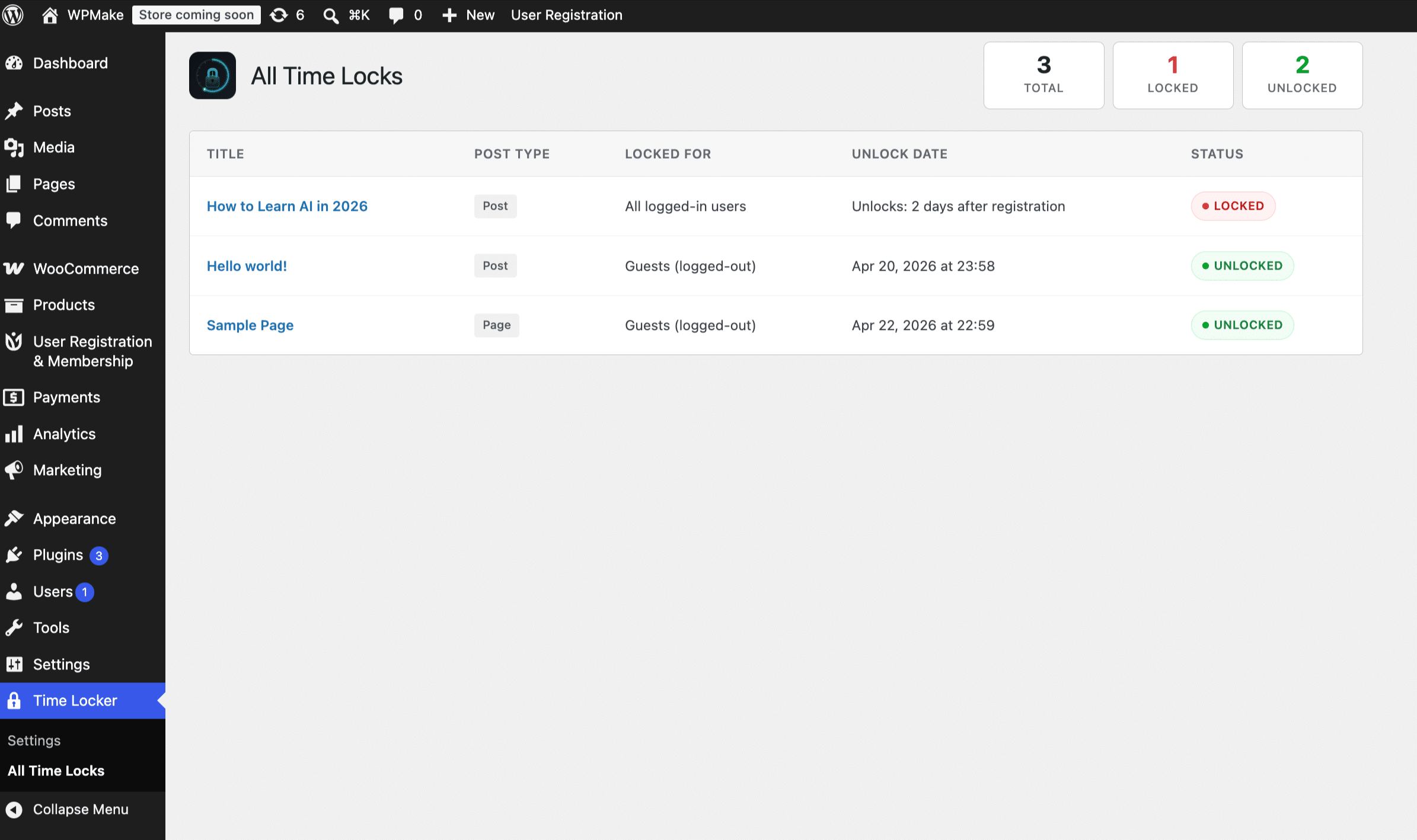 The All Time Locks admin screen listing locked and unlocked posts with their unlock dates