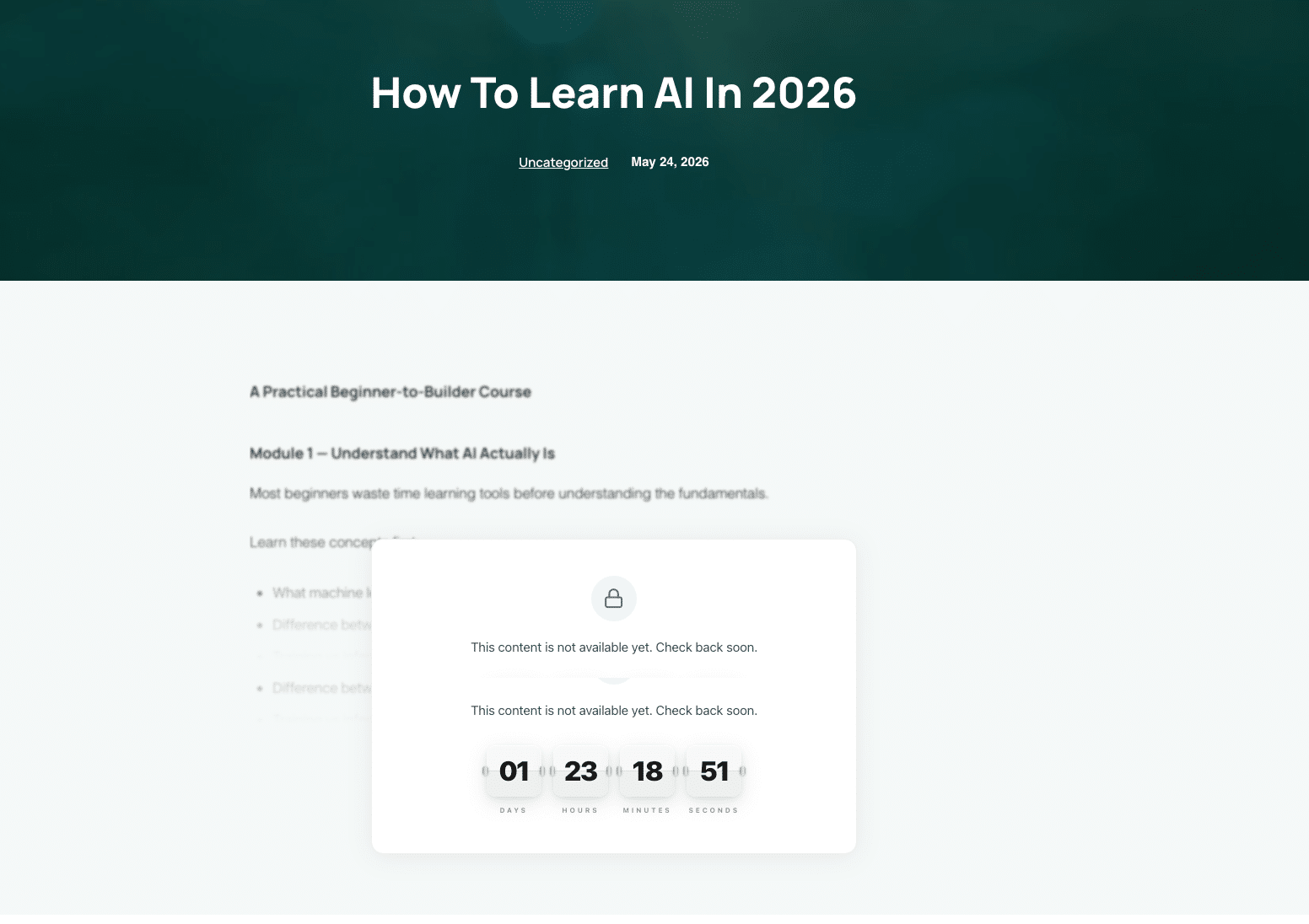 A locked WordPress page showing a lock icon, a short message and a live countdown timer
