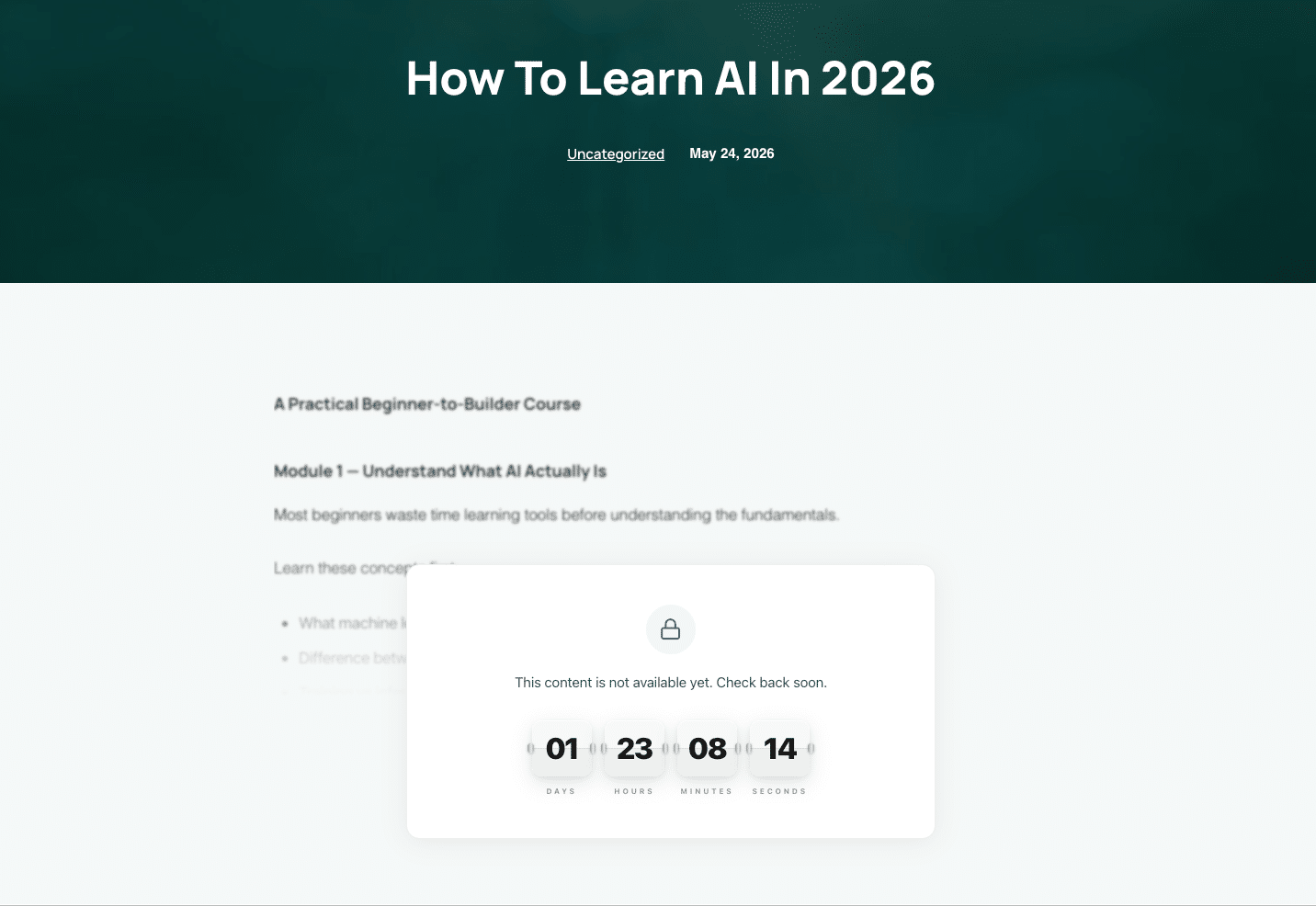 A locked WordPress post showing a countdown timer above a call-to-action button