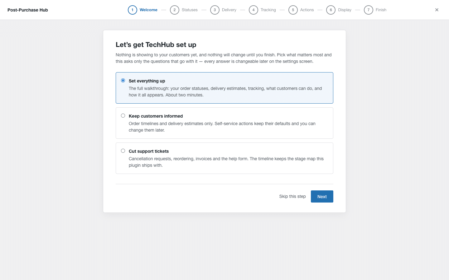 The wizard welcome step offering three setup paths