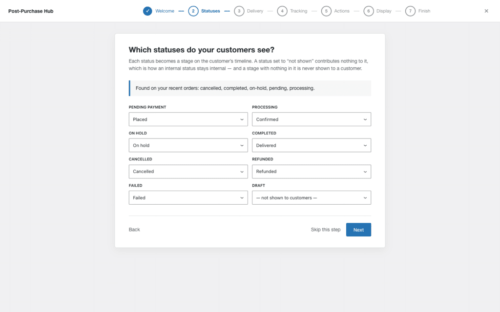 A setup wizard step listing the order statuses the store uses, each with a dropdown mapping it to a customer-facing stage