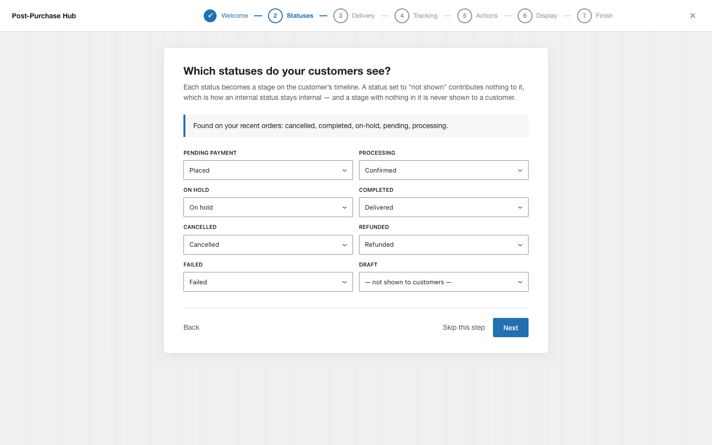 The status mapping step with a list of order statuses and stage dropdowns