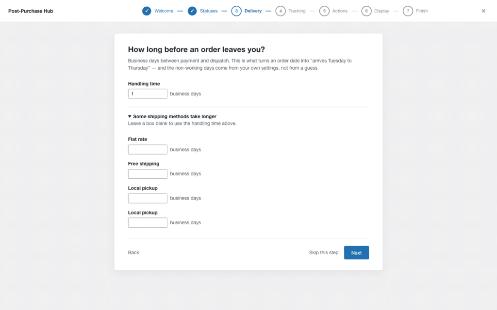 A setup wizard step asking for handling time in business days, with optional per-shipping-method overrides