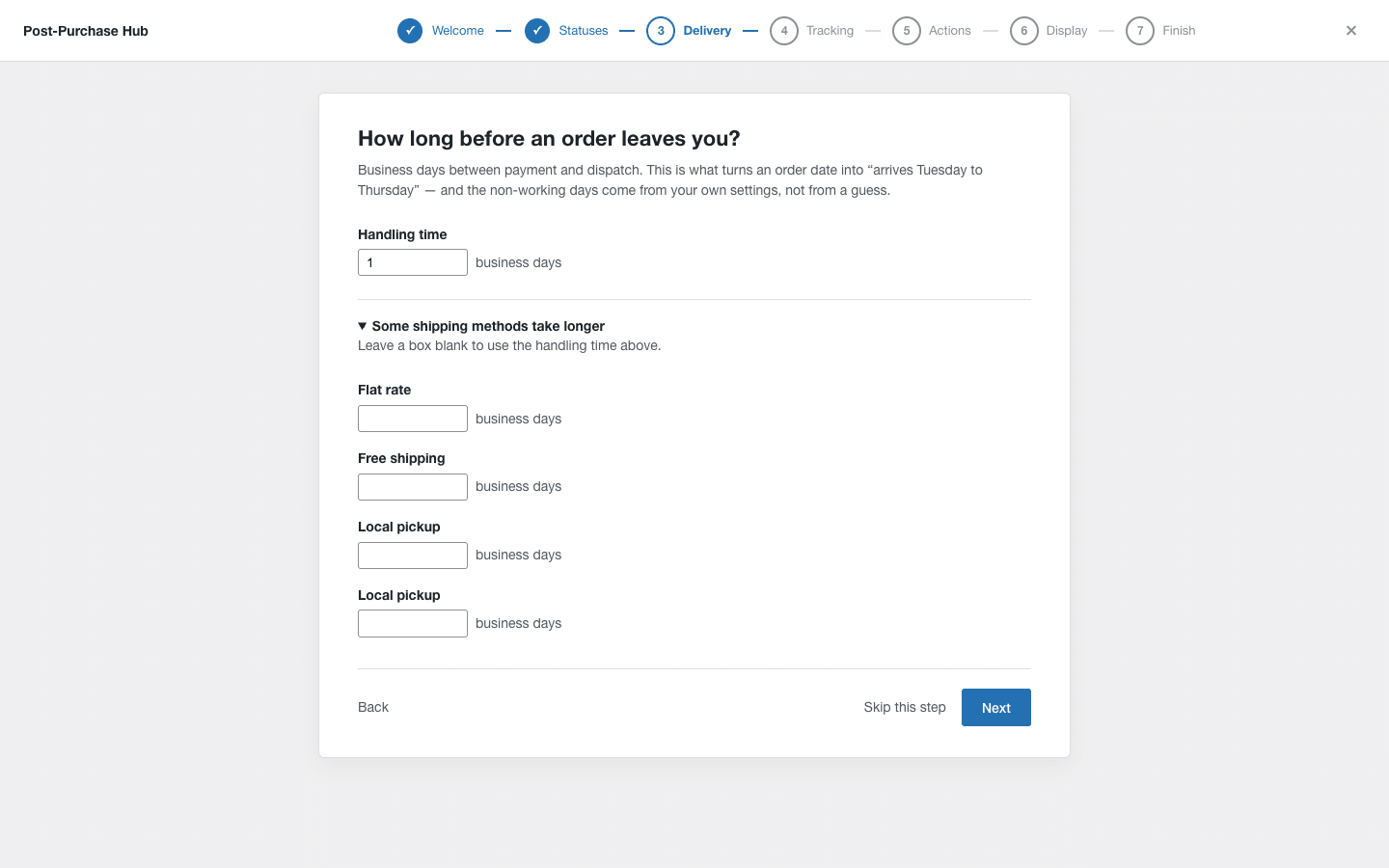 The handling time step with a per-shipping-method section expanded