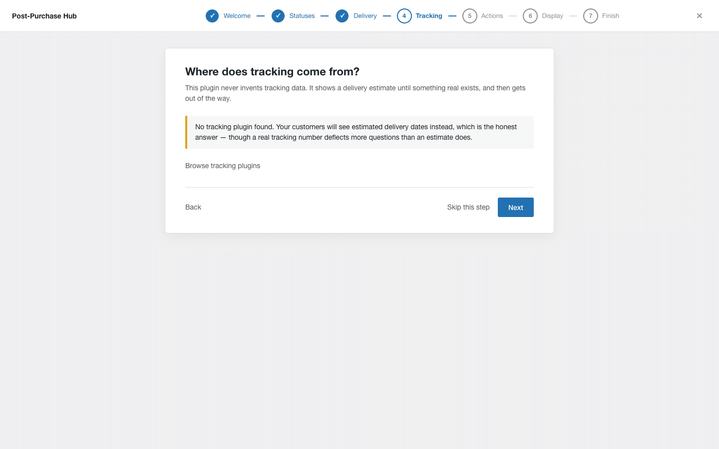 The tracking step reporting that no tracking plugin was found