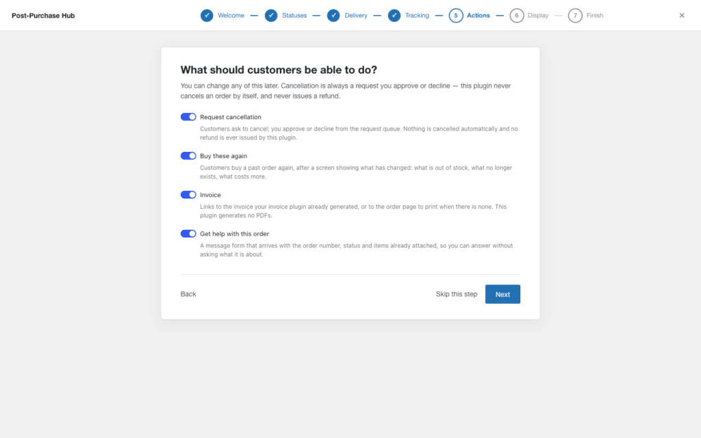 Setup wizard step with toggles for request cancellation, buy these again, invoice, and get help with this order