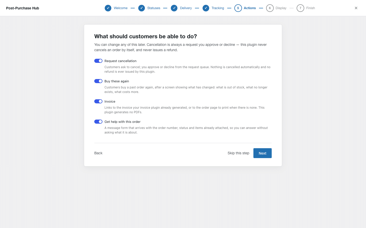 The actions step with four toggles: cancellation, reorder, invoice and help