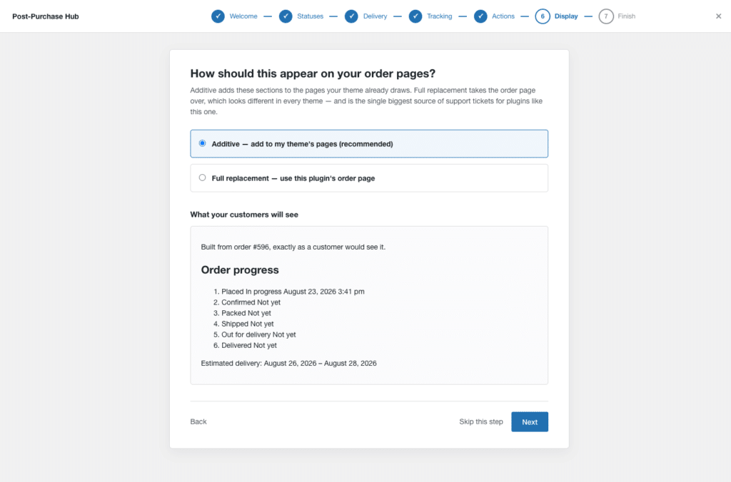 Setup wizard step asking how the timeline should appear on order pages, with placement options and a preview of the order progress list