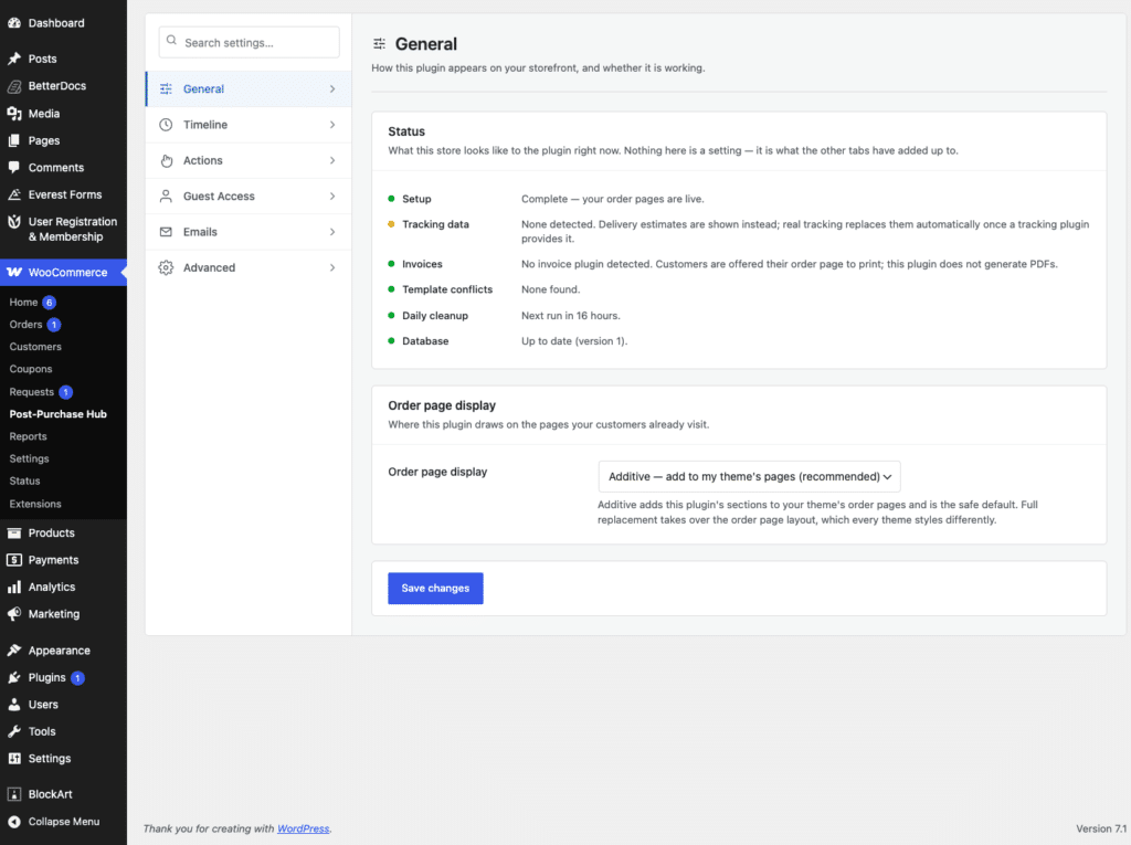 Post-Purchase Hub General settings showing order page rules and placement options