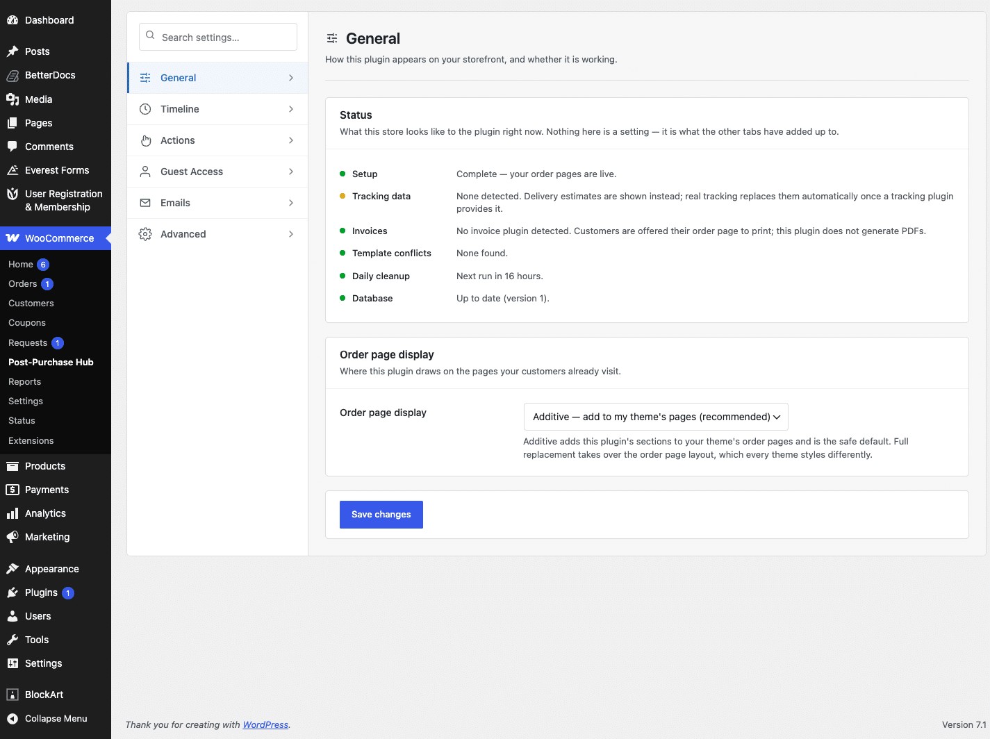 The General settings tab with the Order page display setting