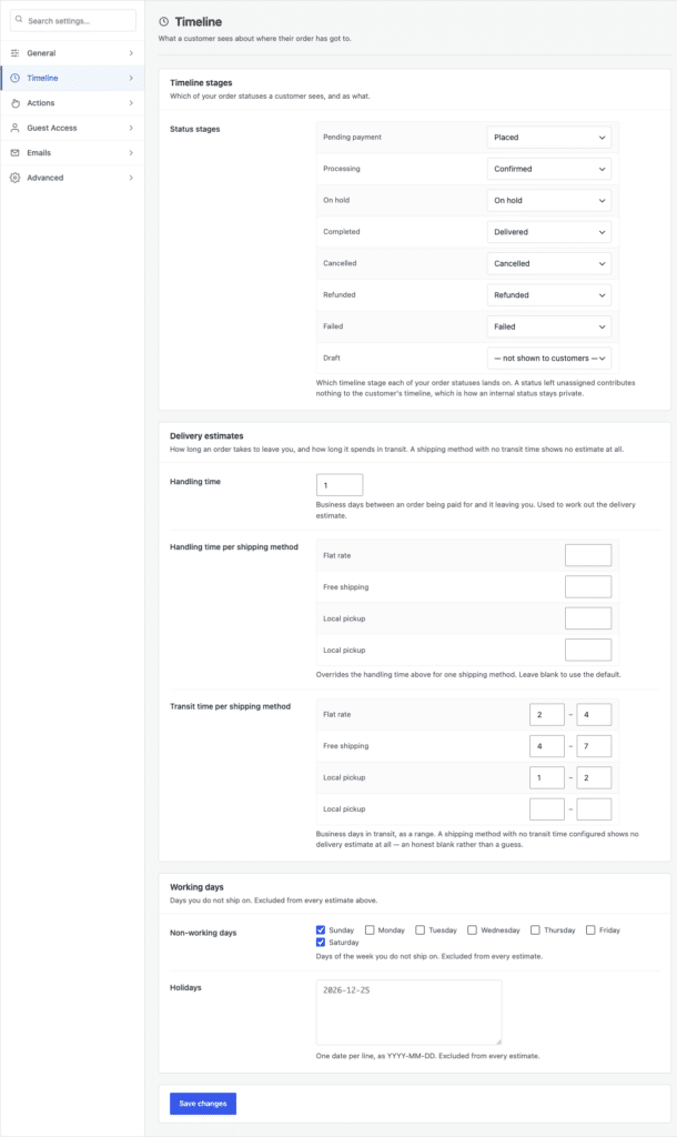 Post-Purchase Hub Timeline settings mapping WooCommerce order statuses to customer-facing stages
