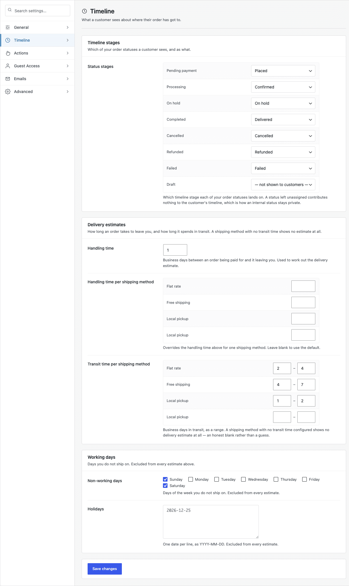 The Timeline tab with handling time, per-method overrides and transit ranges