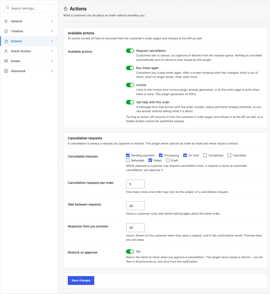 Actions settings showing cancellation statuses, requests per order, wait between requests and restock on approval