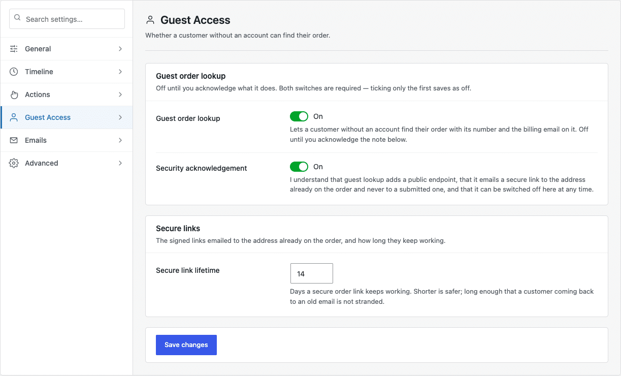 The Guest Access tab with two switches and the secure link lifetime