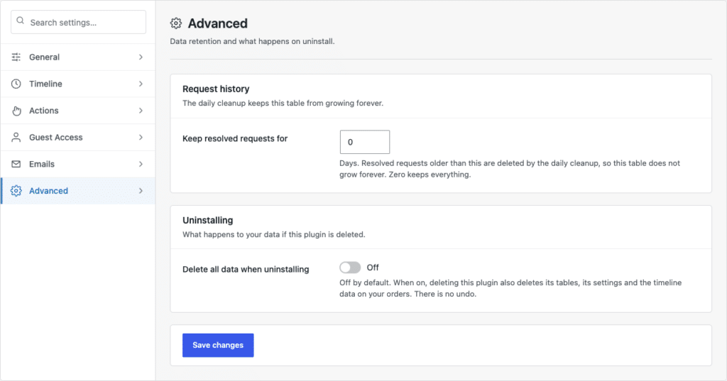 Post-Purchase Hub Advanced settings showing how long request history is kept