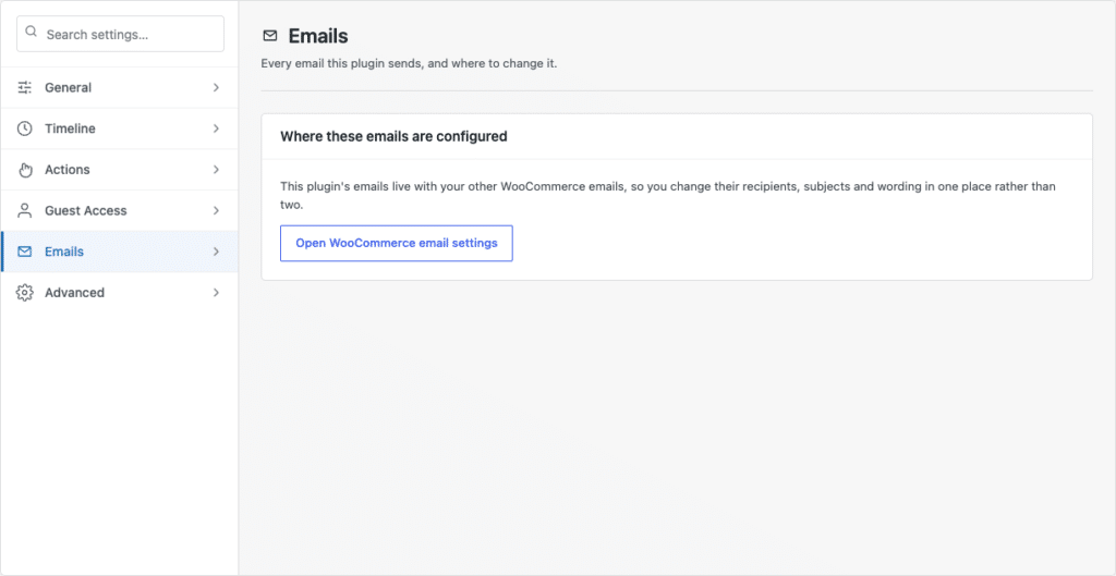 Post-Purchase Hub Emails settings tab with a link through to the WooCommerce email settings