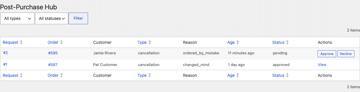 The request queue listing two cancellation requests with Approve and Decline buttons