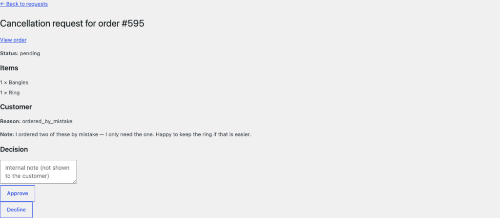 Admin view of a single cancellation request showing the order, items, customer note and Approve or Decline buttons