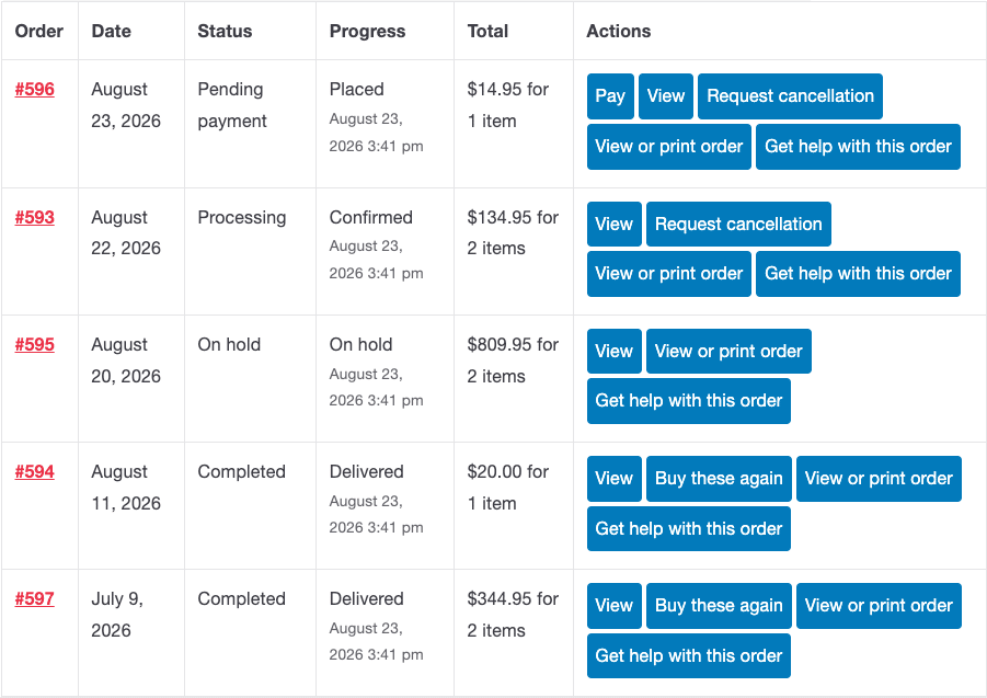 Front-end My Account orders table with Request cancellation buttons on eligible orders