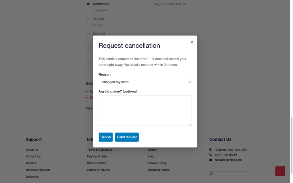 Front-end Request cancellation dialog with a reason dropdown and an optional notes field