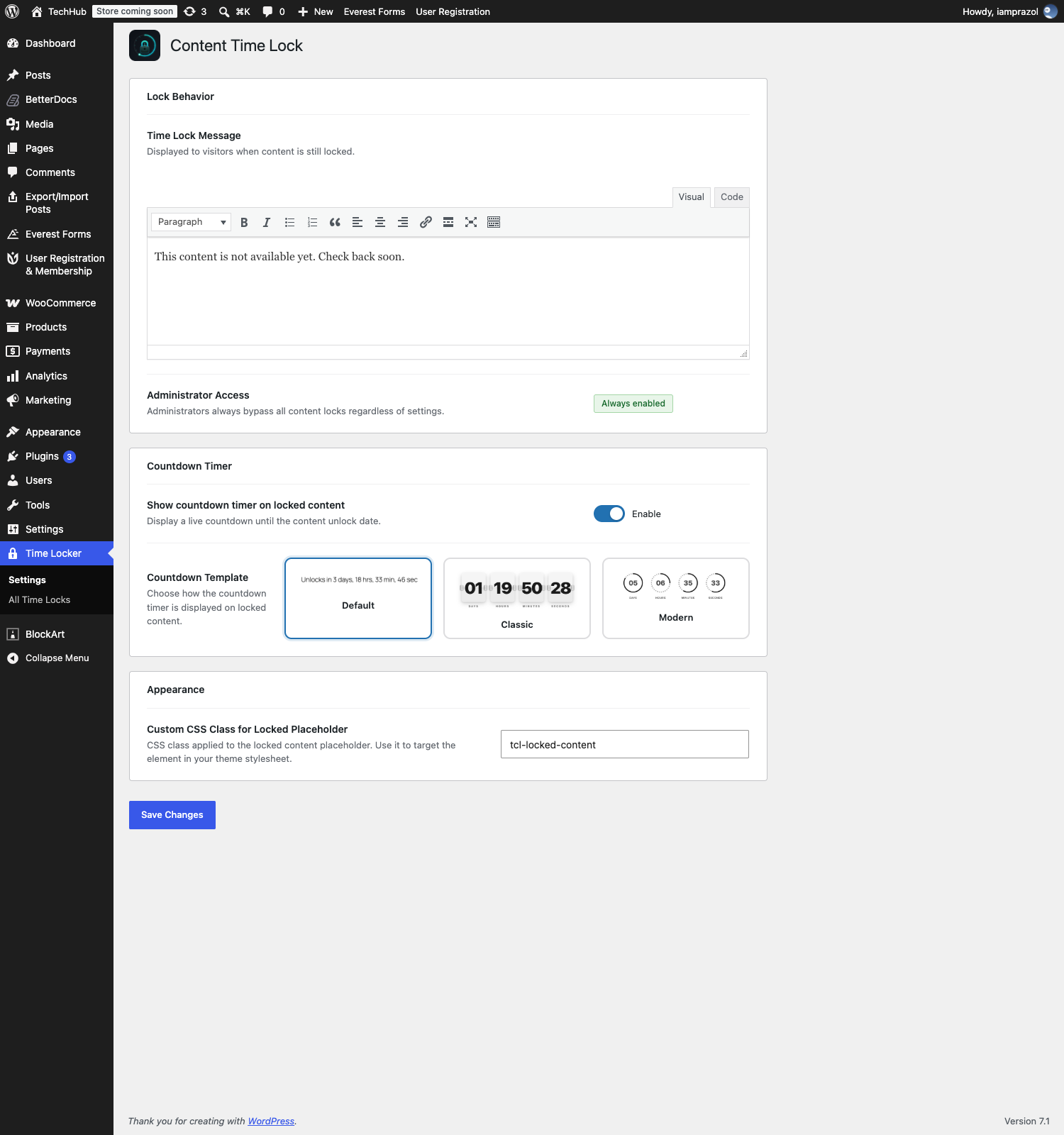 The Content Time Lock settings screen with Lock Behavior, Countdown Timer and Appearance cards