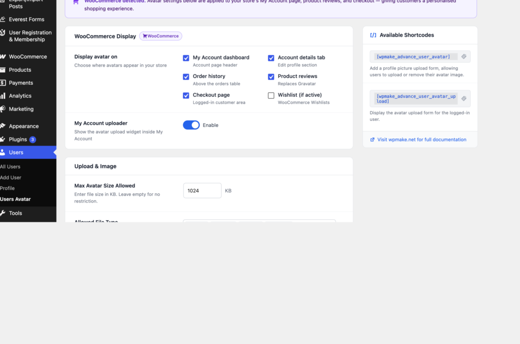 The Users Avatar settings screen with five sections and a shortcode sidebar