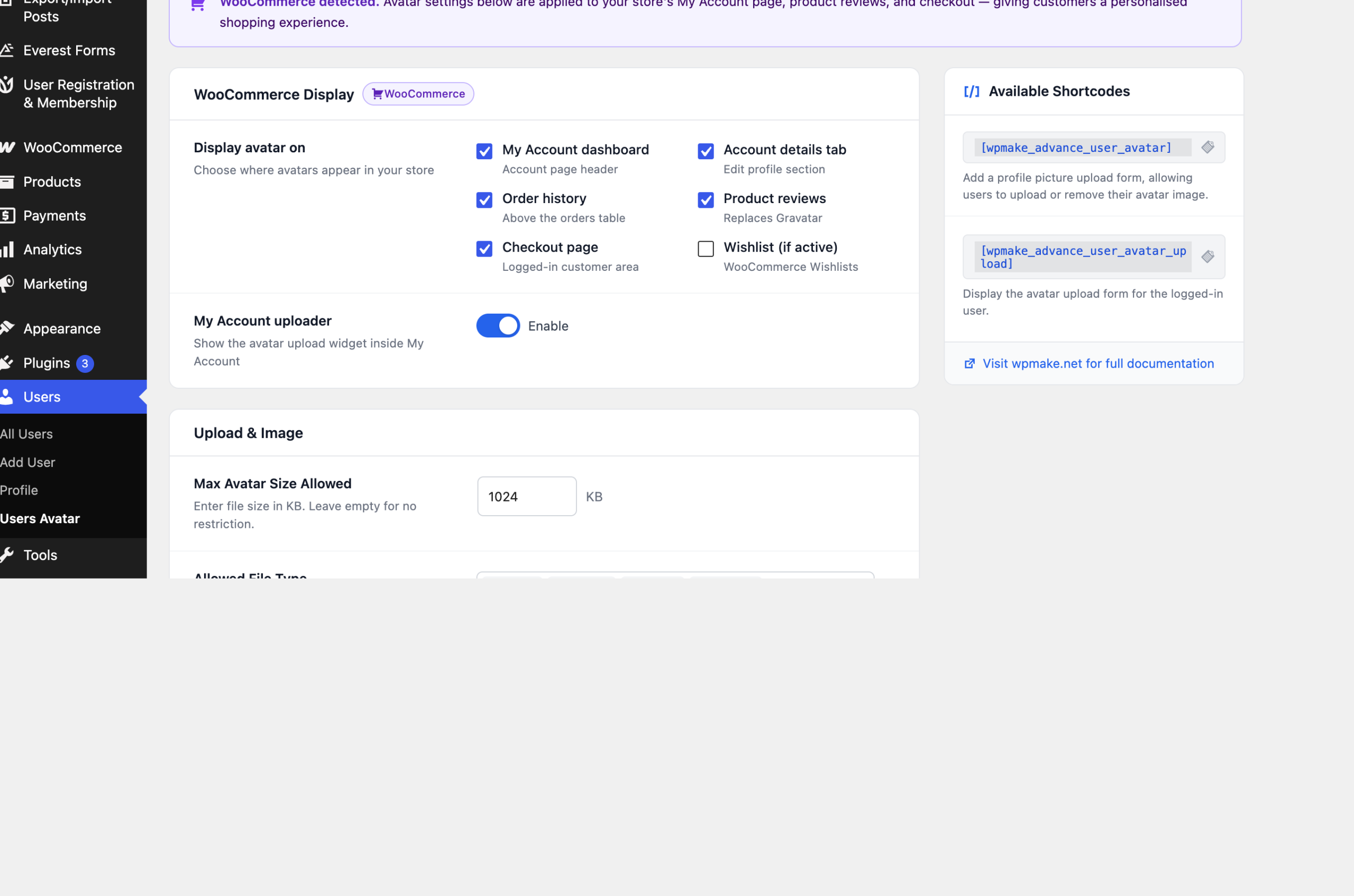 The Users Avatar settings screen with five sections and a shortcode sidebar
