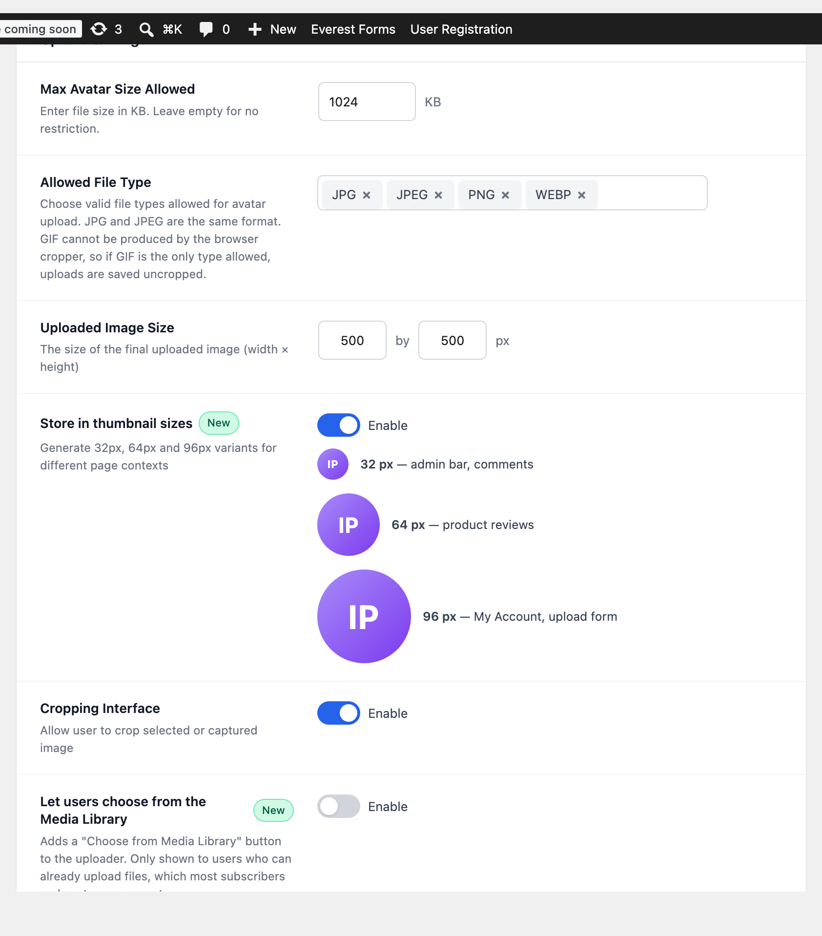 The Upload and Image settings section