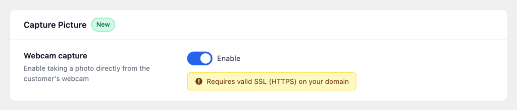 The Capture Picture section with the webcam toggle and an SSL warning