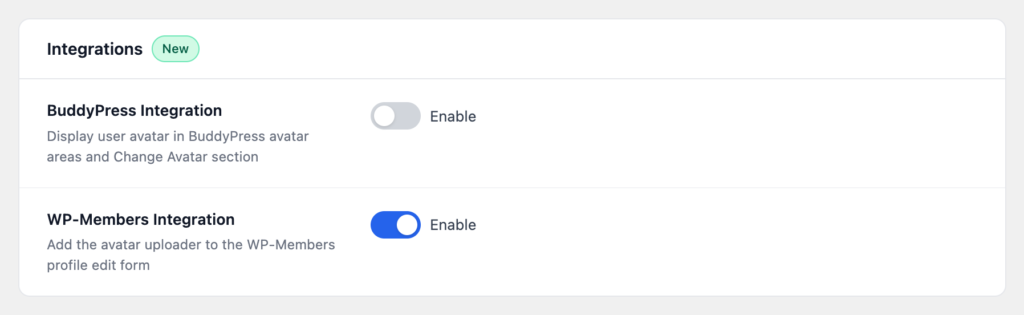 The Integrations section with BuddyPress and WP-Members toggles