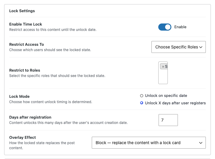 The Lock Settings card with the second lock mode selected and a days field