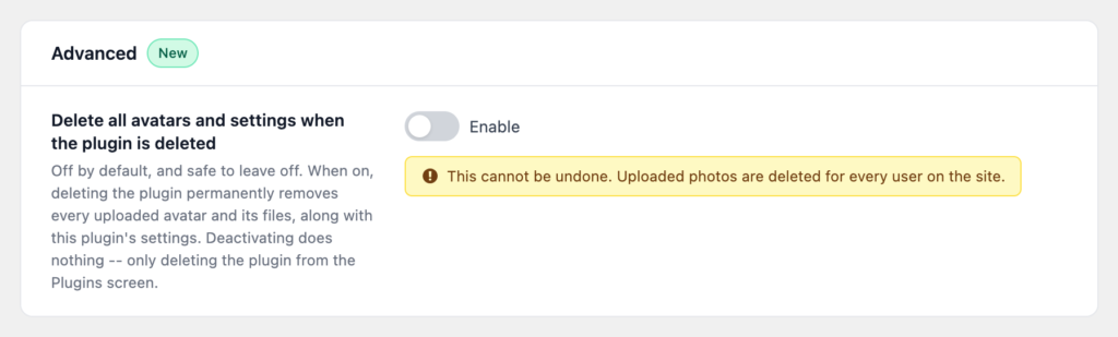 The Advanced section with the delete-on-uninstall toggle off and a warning