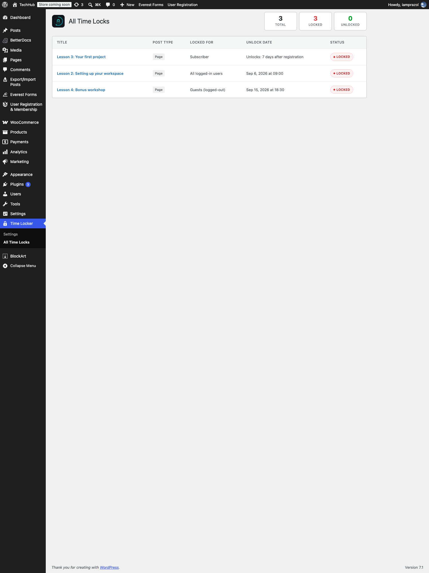 The All Time Locks screen listing three locked pages with status badges
