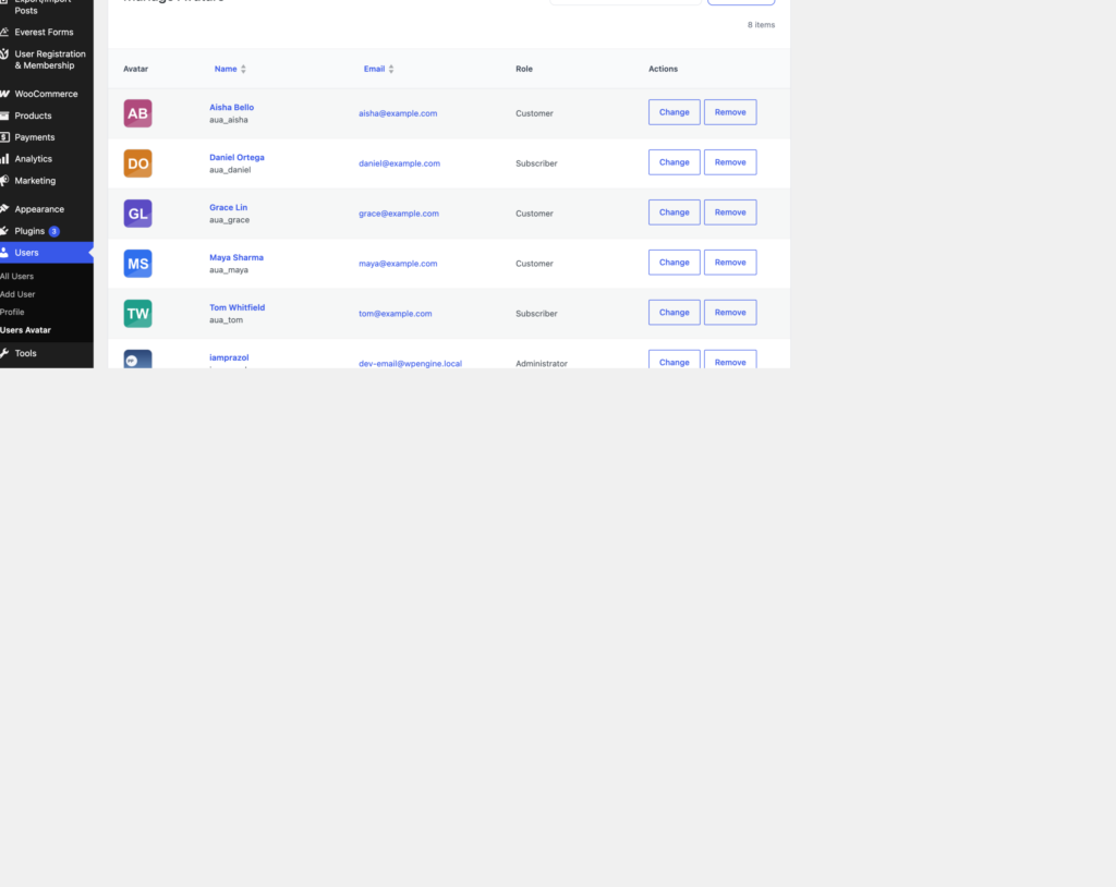 The Manage Avatars tab listing users with their current photos
