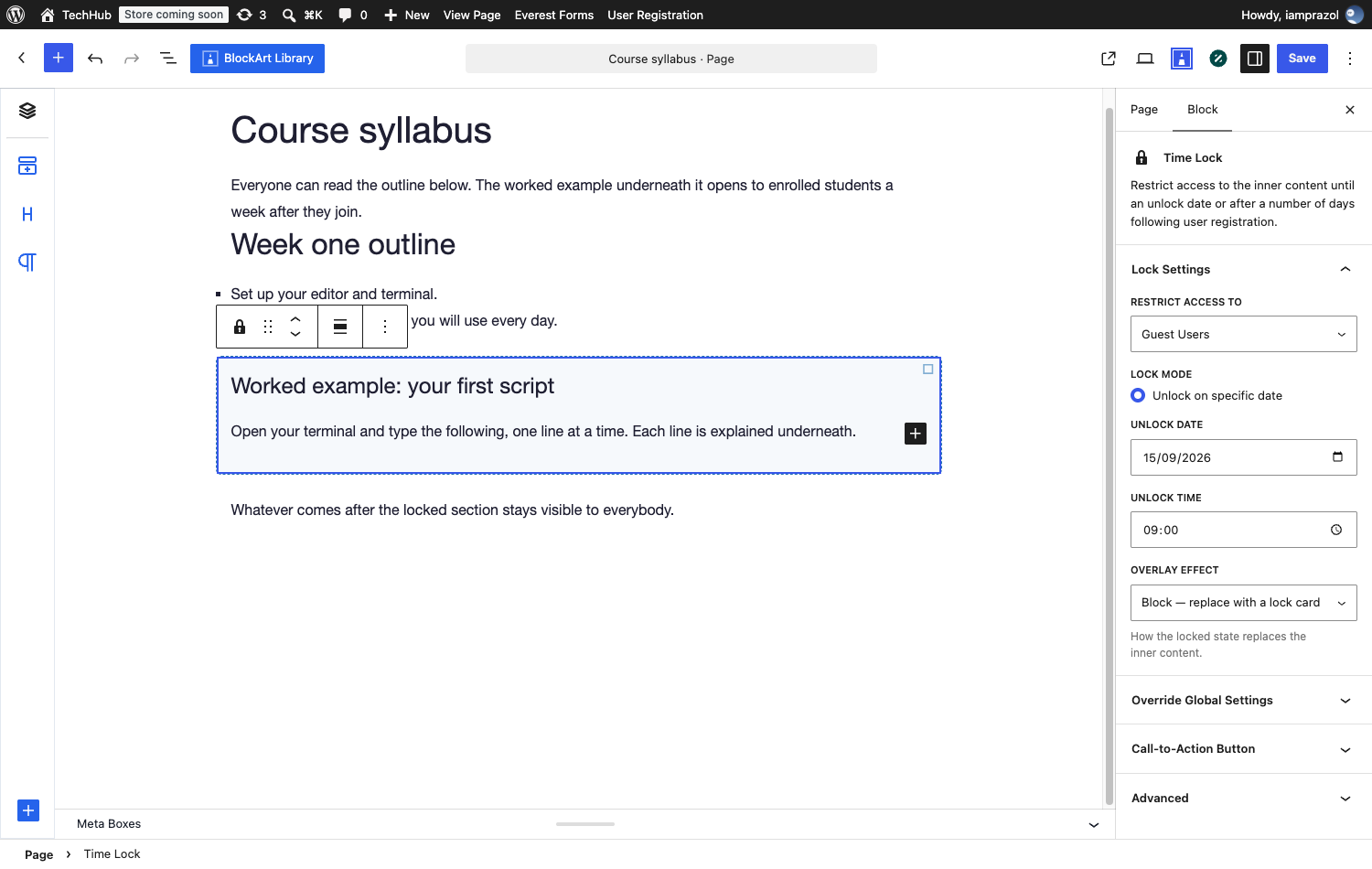 The Time Lock block selected in the editor with its Lock Settings panel open in the sidebar