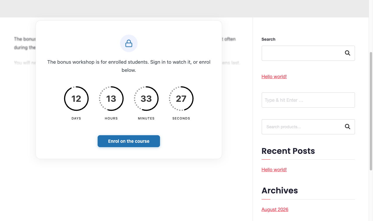 A locked page showing blurred content behind a lock card with a circular countdown and an enrol button