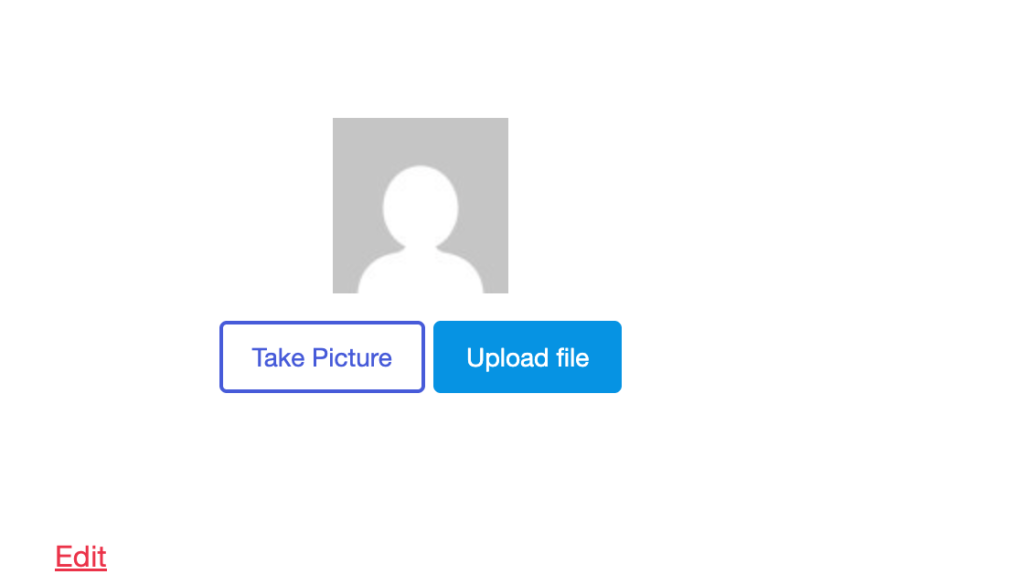 The avatar uploader showing a default silhouette with Take Picture and Upload file buttons