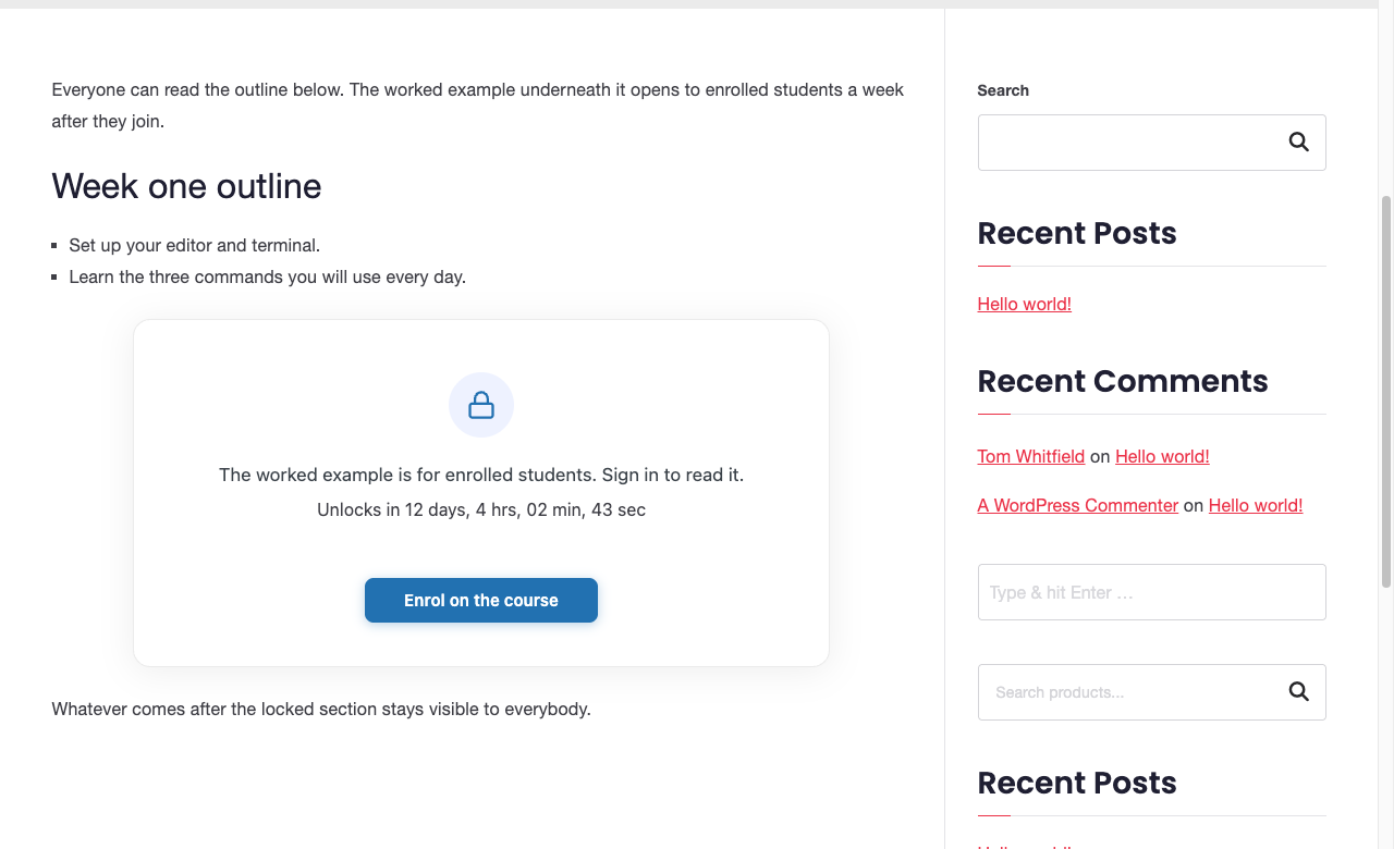 A page with a visible outline, a locked card in the middle, and visible text after it