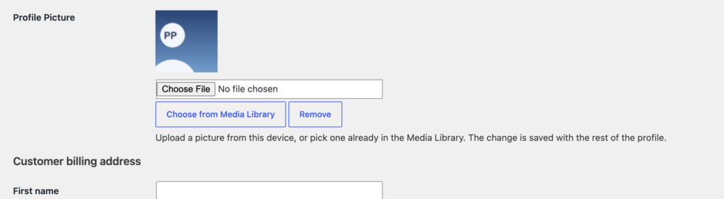 The Profile Picture field on the WordPress profile screen with Choose from Media Library and Remove buttons