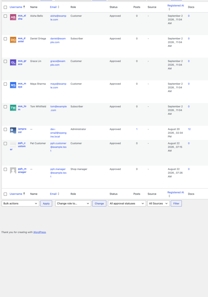The WordPress Users list showing uploaded photos beside each user name