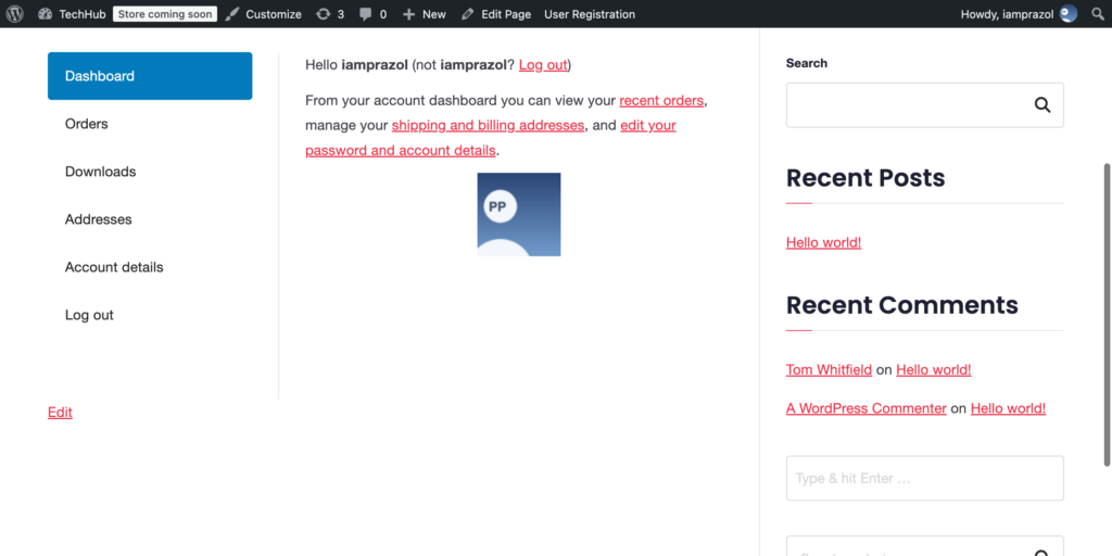 The WooCommerce My Account dashboard showing a customer photo under the greeting