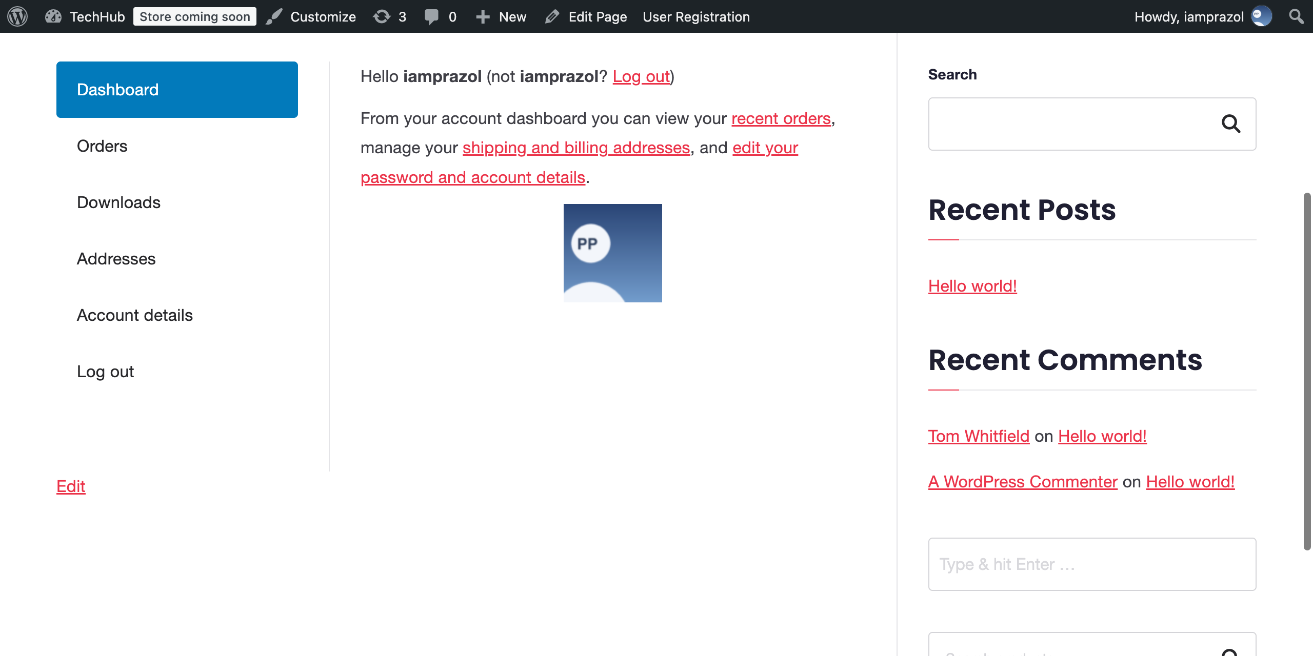 The WooCommerce My Account dashboard showing a customer photo under the greeting