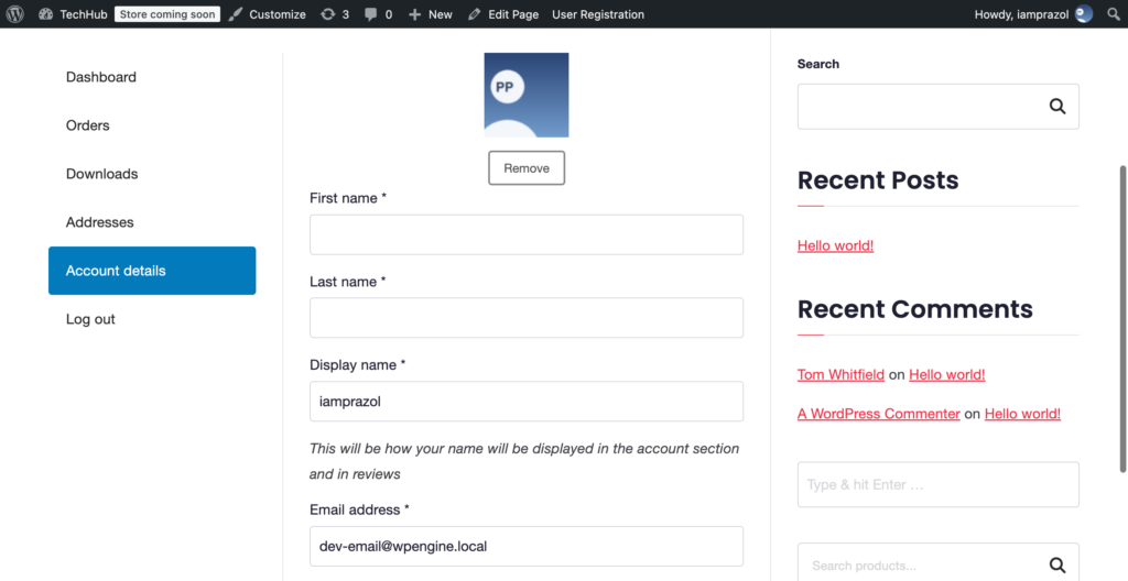 The WooCommerce Account details page with the avatar uploader above the name fields