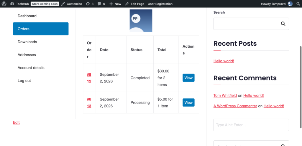 The orders table on My Account with the customer photo above it