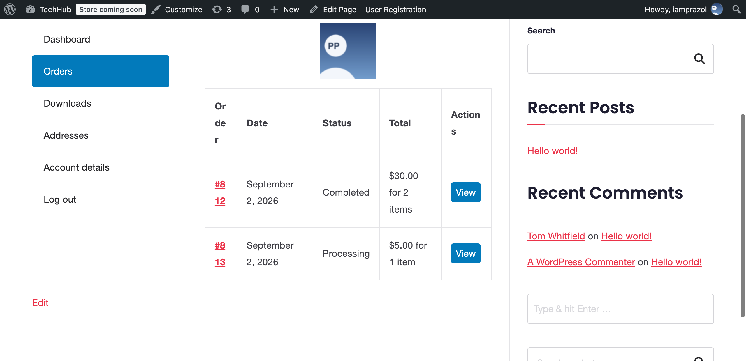 The orders table on My Account with the customer photo above it