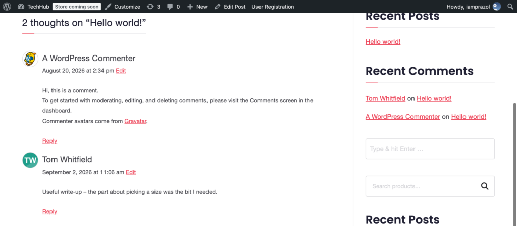 Two blog comments, one showing an uploaded photo and one showing the default WordPress commenter avatar