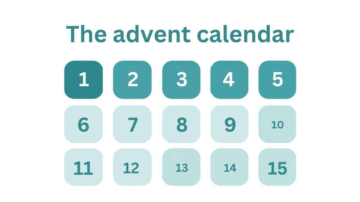 Advent calendar landing page with numbered doors, the earlier ones unlocked