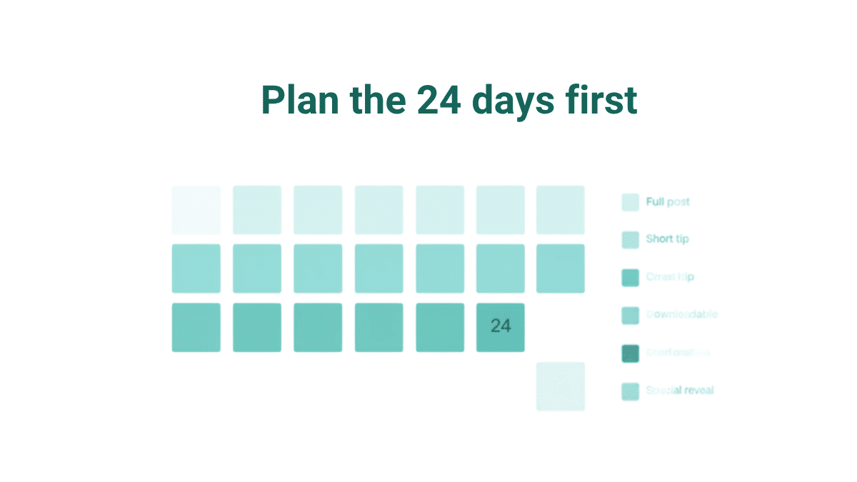 Editorial plan grid for a 24-day advent calendar with content types colour coded