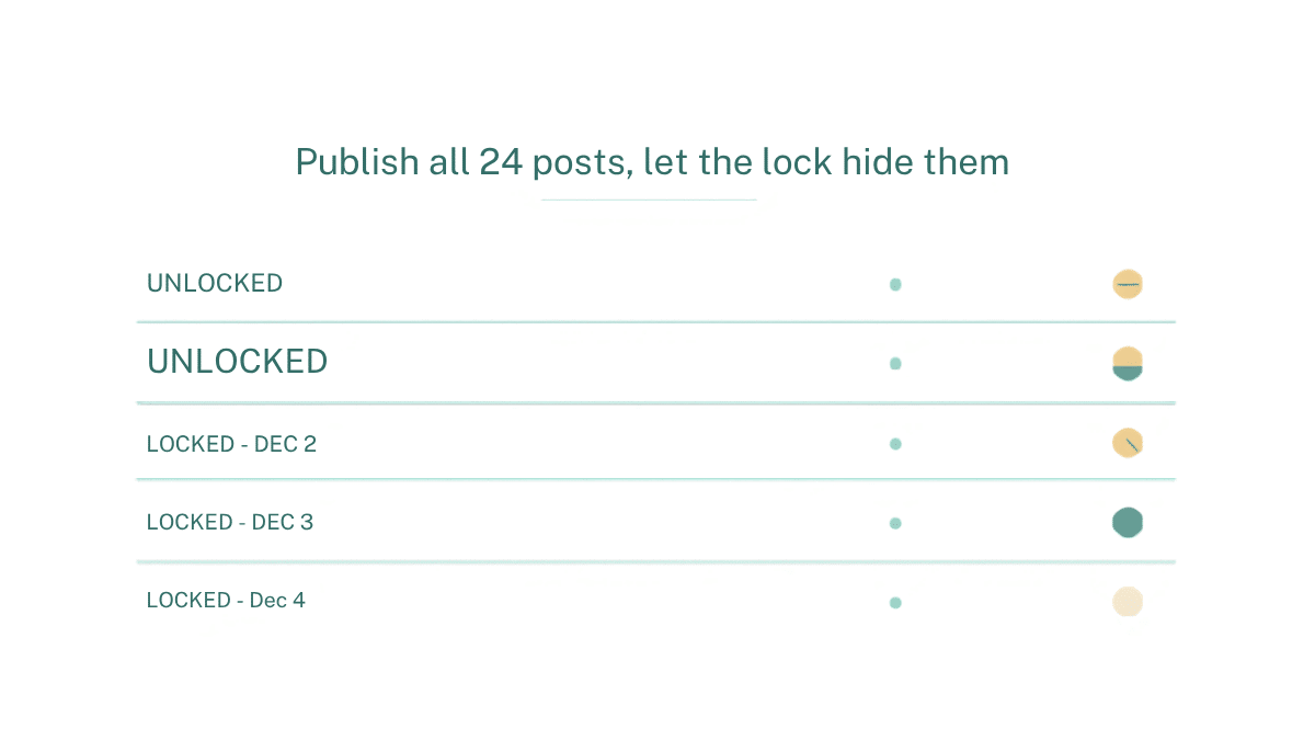 A list of advent posts showing unlocked and locked statuses with their unlock dates