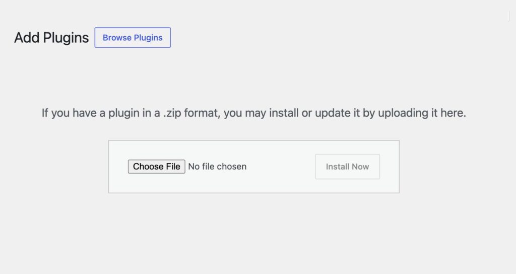 The WordPress Add Plugins screen with the Upload Plugin form open and a Choose File button